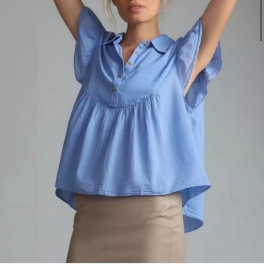 Anthropologie Blue Cap Sleeve Polo Top XS